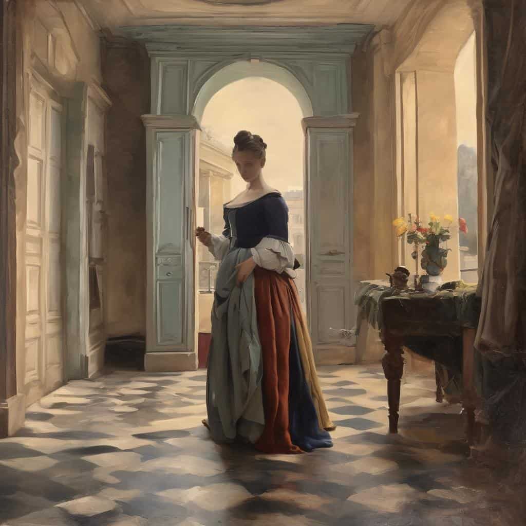 Ρομαντική γυναίκα σε παλαιότερη διακόσμηση, κλασικό καλλιτεχνικό ρεύμα, αρχιτεκτονική και ιστορία, ορόσημα τέχνης.