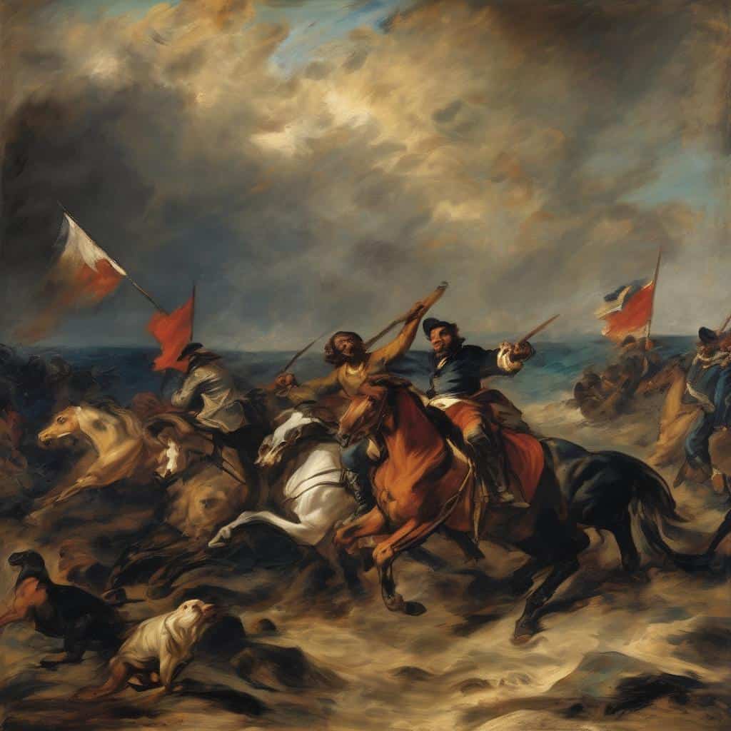 Εικόνα με στρατιώτες και σημαίες, ζωγραφική αναπαράσταση ιστορικών καλλιτεχνικών ρευμάτων και ορόσημα στην ιστορία της τέχνης.